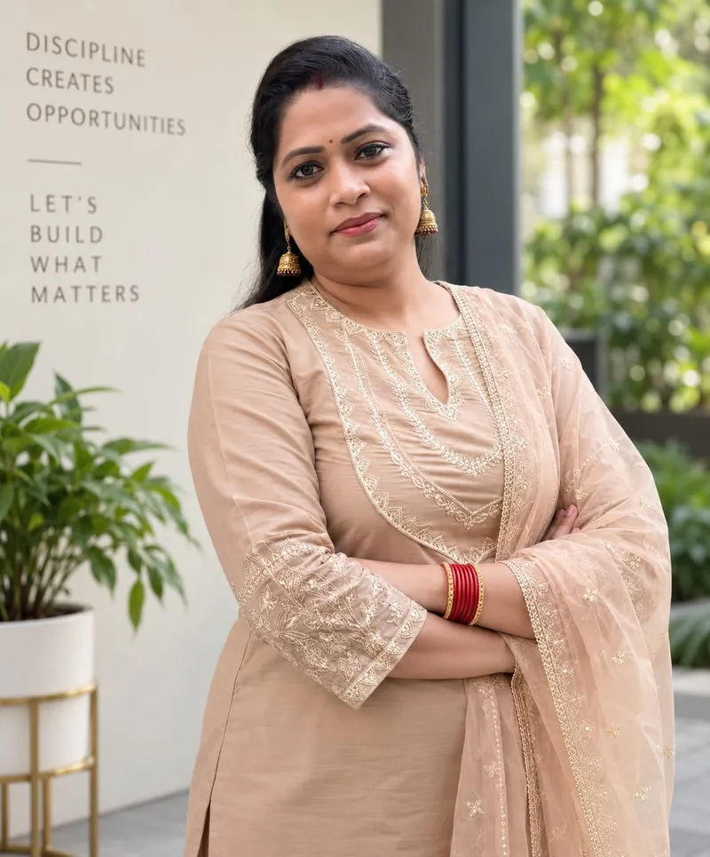 Deepa Verma, founder of The Giftees, in a beige embroidered kurta with gold jhumkas