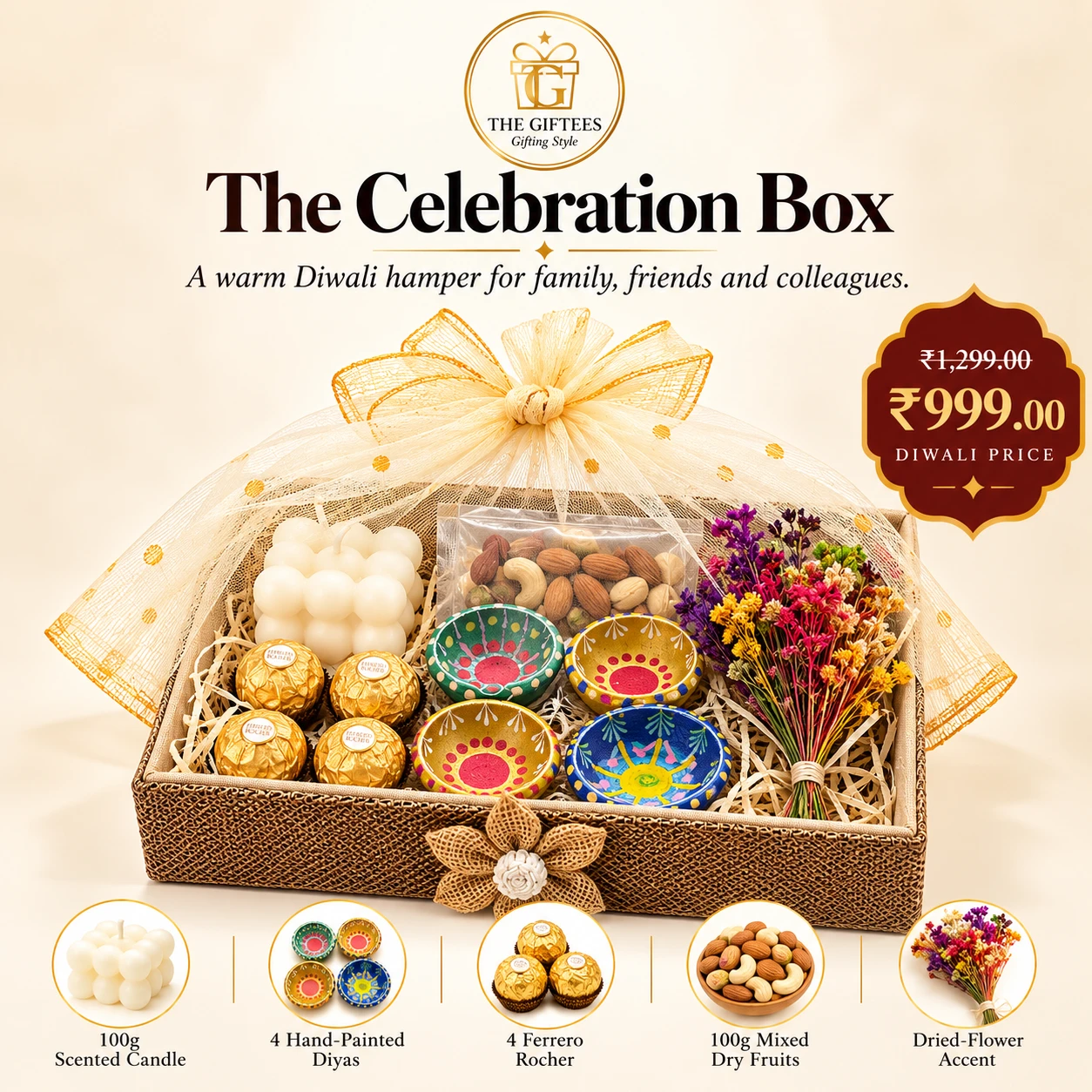 The Celebration Box Diwali hamper with 100g scented candle, 4 hand-painted diyas, 4 Ferrero Rocher