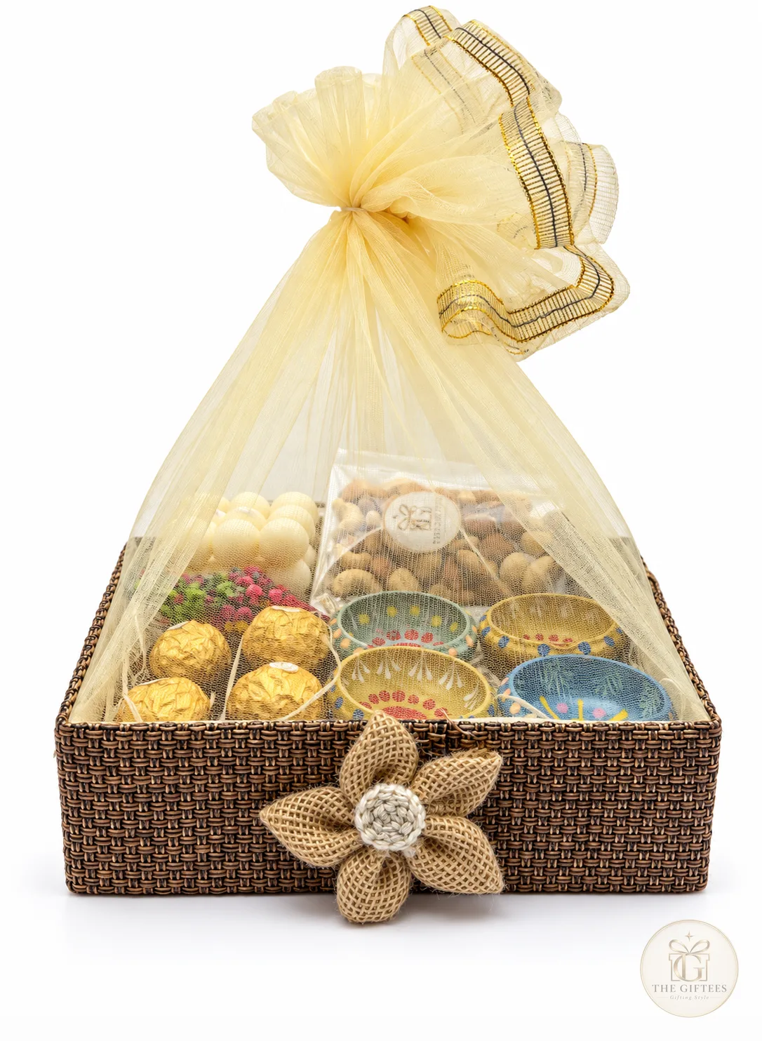 The Celebration Box, a hamper with 75g bubble candle, 75g mixed dry fruits, 4 hand-painted diyas