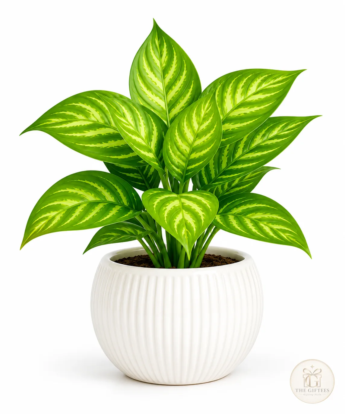 Artificial plant with green and white leaves in a white pot