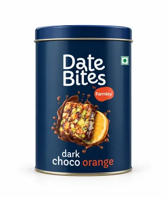 Tin of Farmley Date Bites in dark choco orange