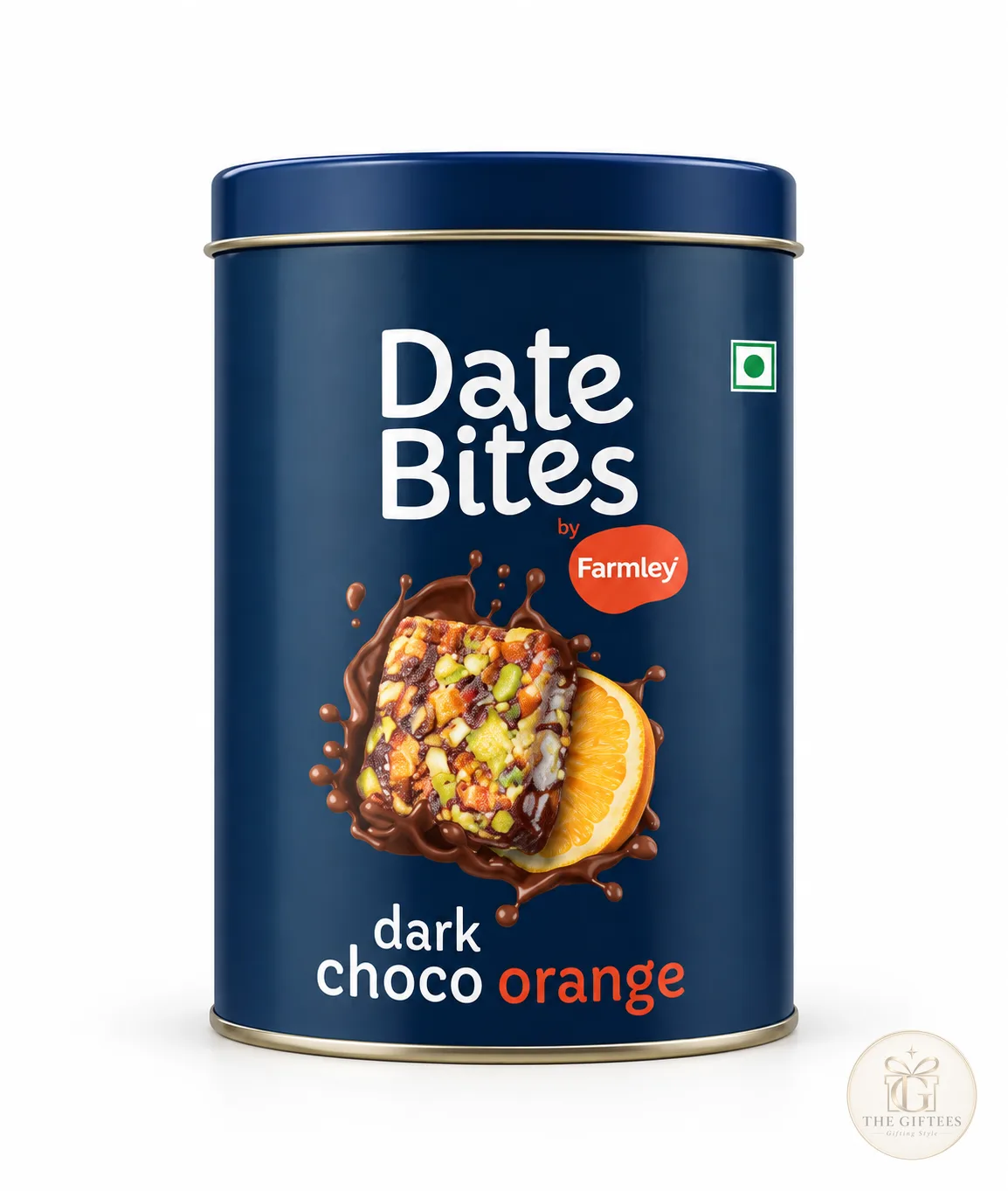 Tin of Farmley Date Bites in dark choco orange