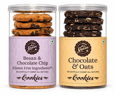 Two jars of Hey Grain cookies, besan and chocolate chip, and chocolate and oats