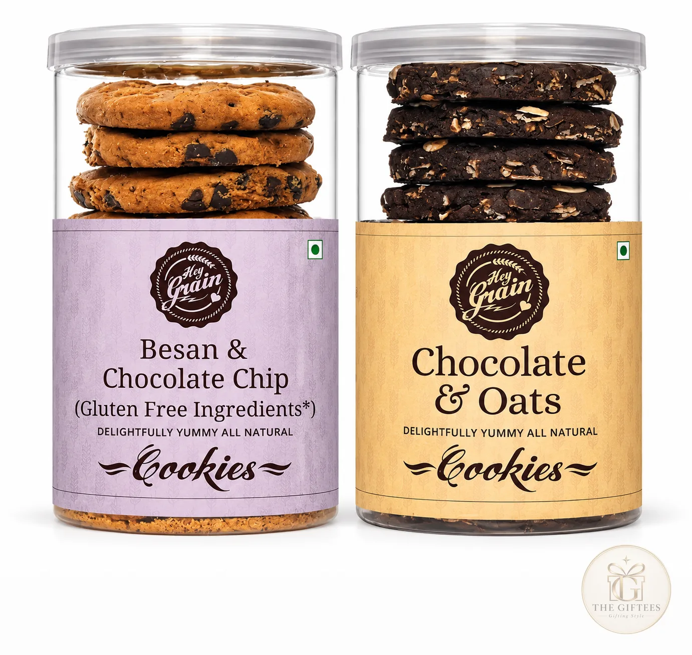 Two jars of Hey Grain cookies, besan and chocolate chip, and chocolate and oats